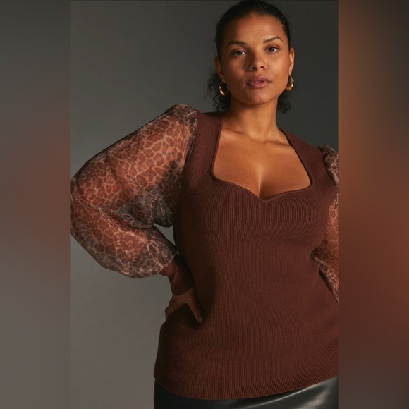 Anthropologie • NWT Dolan Sheer Animal Print Puff-Sleeve Brown Sweater Size 3X - Picture 13 of 13